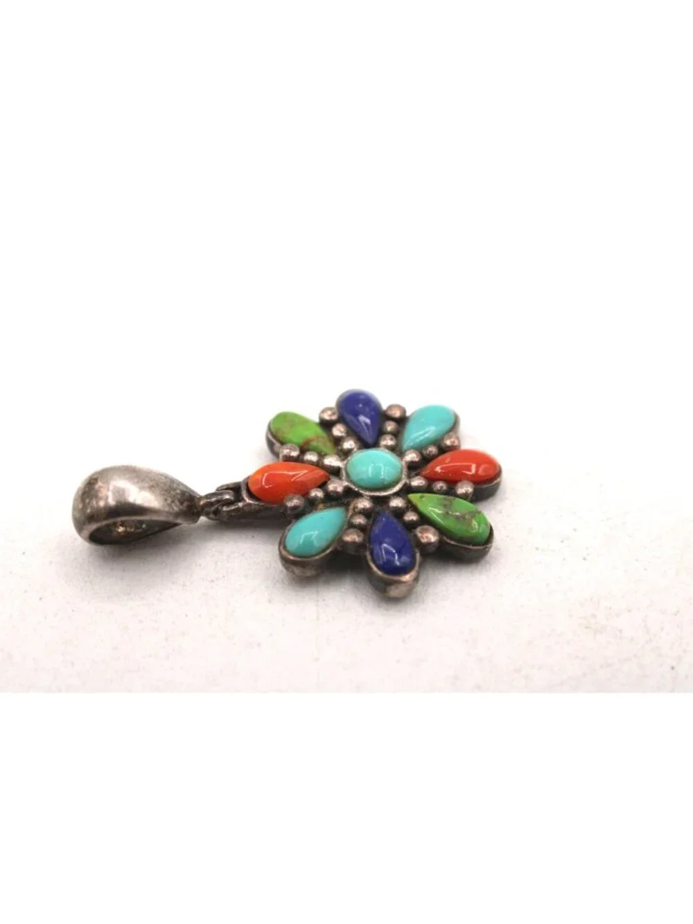 Vtg 925 Sterling Silver Multicolor Gemstone Flower Pendant Turquoise Lapis More